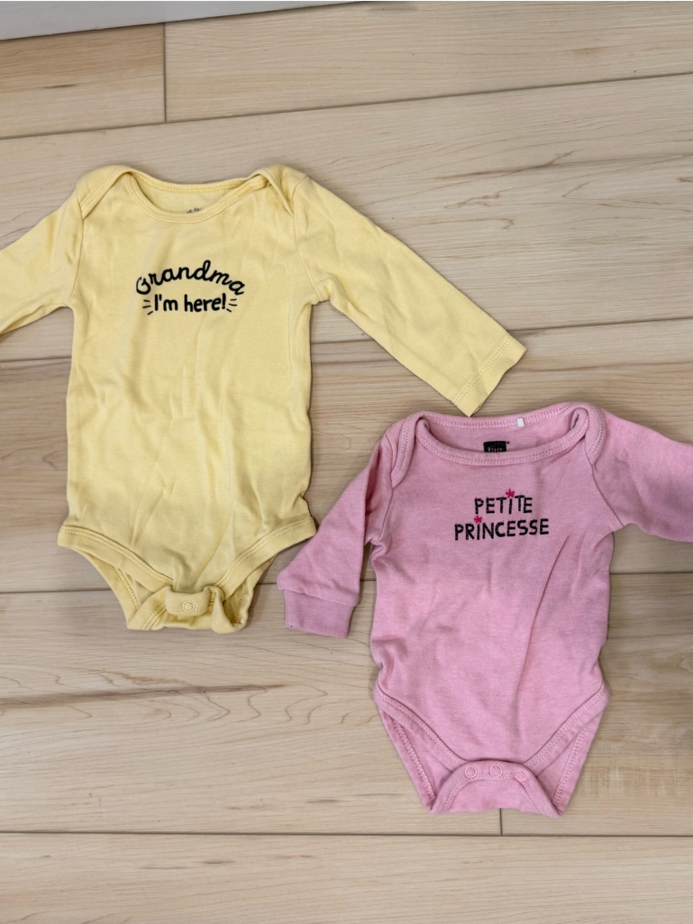 Baby Girl Onesies | 2-Pack | Grandma I’m Here & Petite Princesse | Pink & Yellow